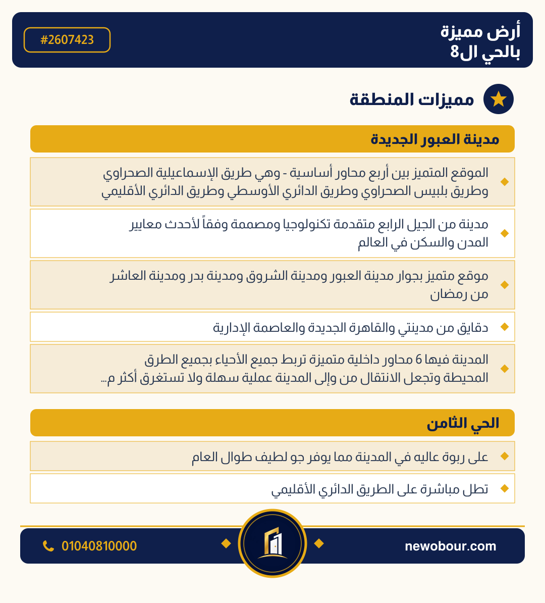 أرض - تم التخصيص عمارة سكني — مدينة العبور الجديدة، الحي الثامن، مجاورة 7 — مميزات المنطقة — 3