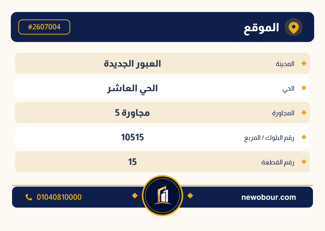 أرض - تم التخصيص عمارة سكني — مدينة العبور الجديدة، الحي العاشر، مجاورة 5 — بطاقة الإعلان — 4