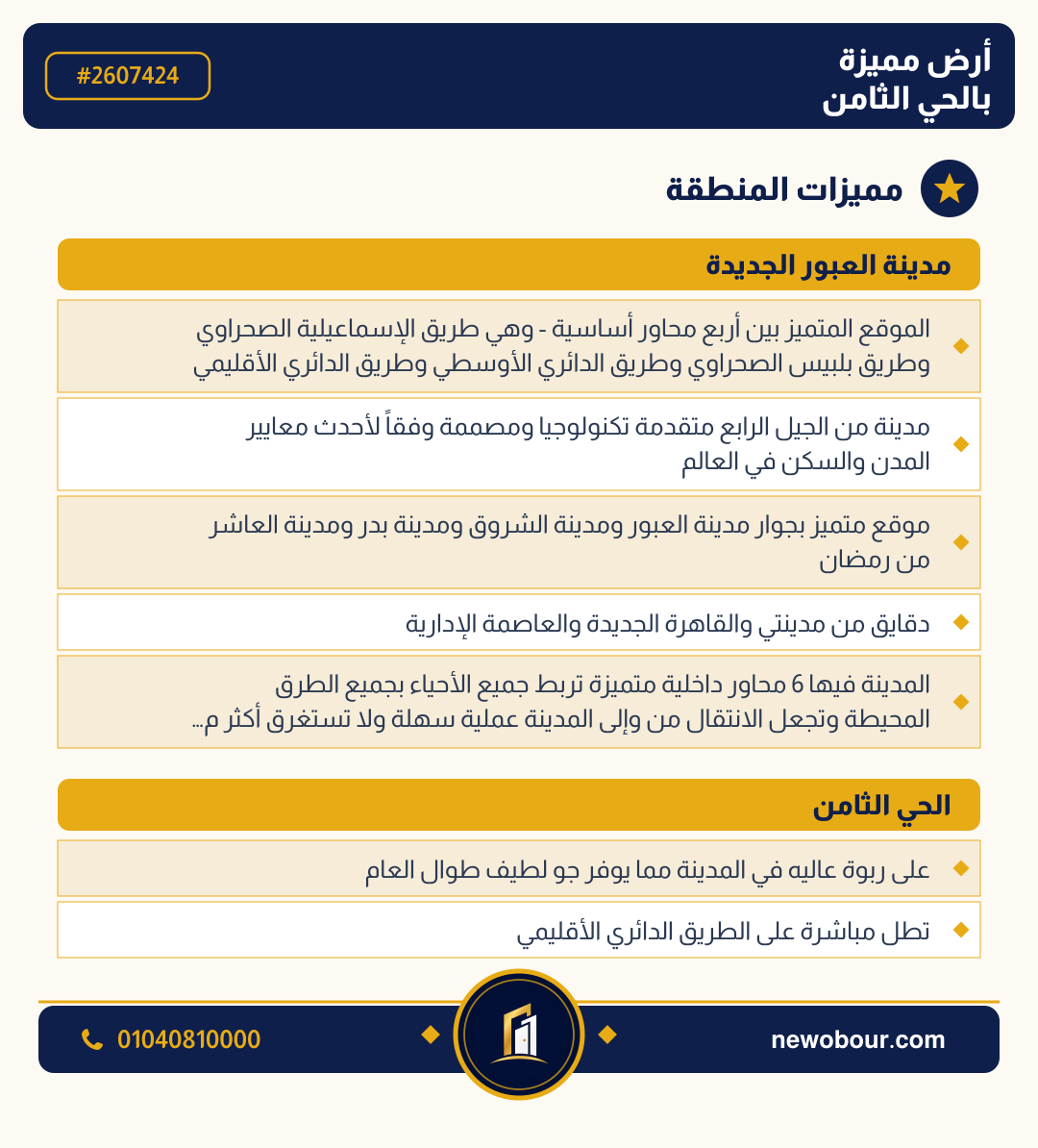 أرض - تم التخصيص عمارة سكني — مدينة العبور الجديدة، الحي الثامن، مجاورة 7 — مميزات المنطقة — 3