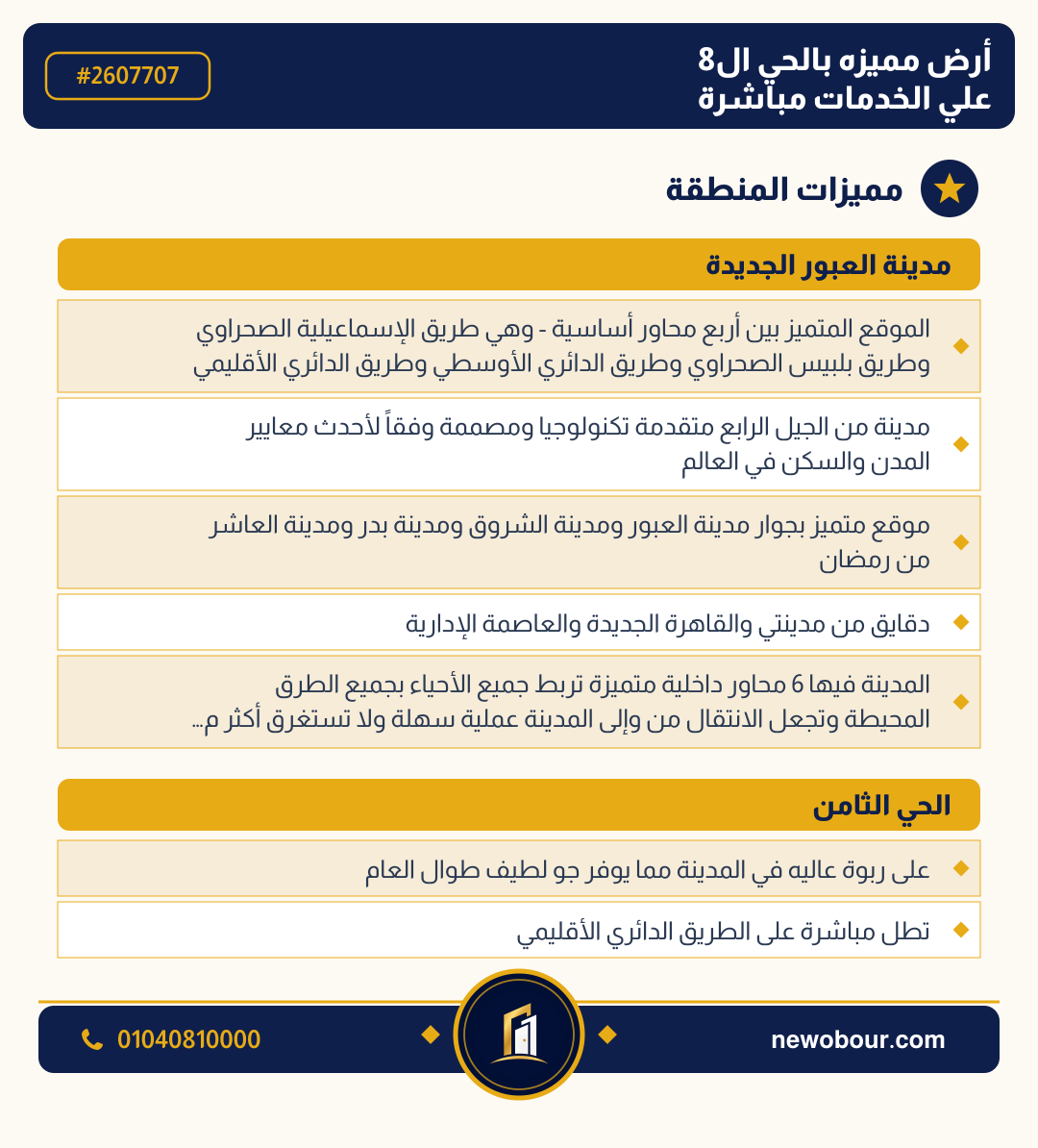 أرض - تم التخصيص عمارة سكني — مدينة العبور الجديدة، الحي الثامن، مجاورة 6 — مميزات المنطقة — 3